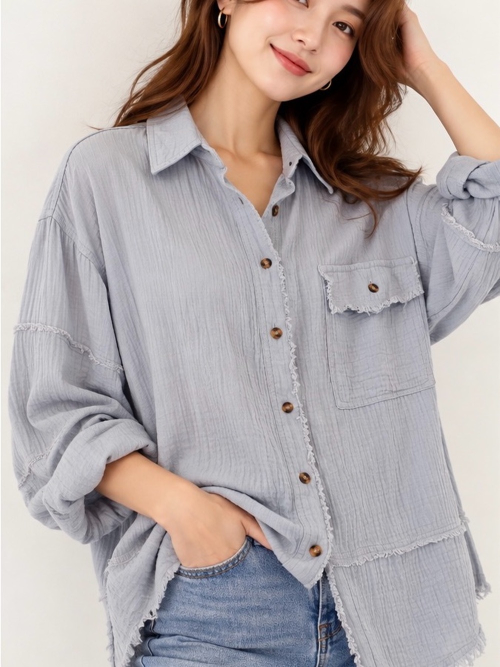 Easel Gray washed Gauze Oversized Button-Up Shirt – Raw Edge Boho Top – NWT